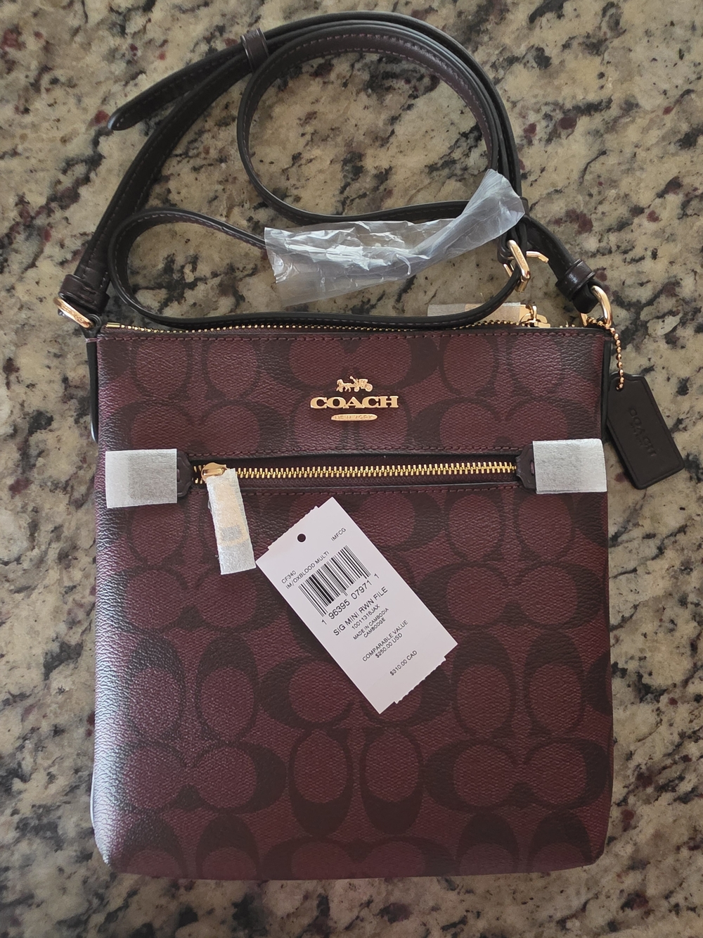 Coach Crossbody Bag in Burgundy Signature Print with Gold Hardware